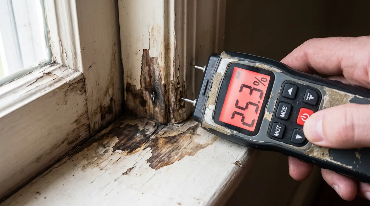 Humidimètre qui mesure une forte humidité au bas d'un cadre de fenêtre