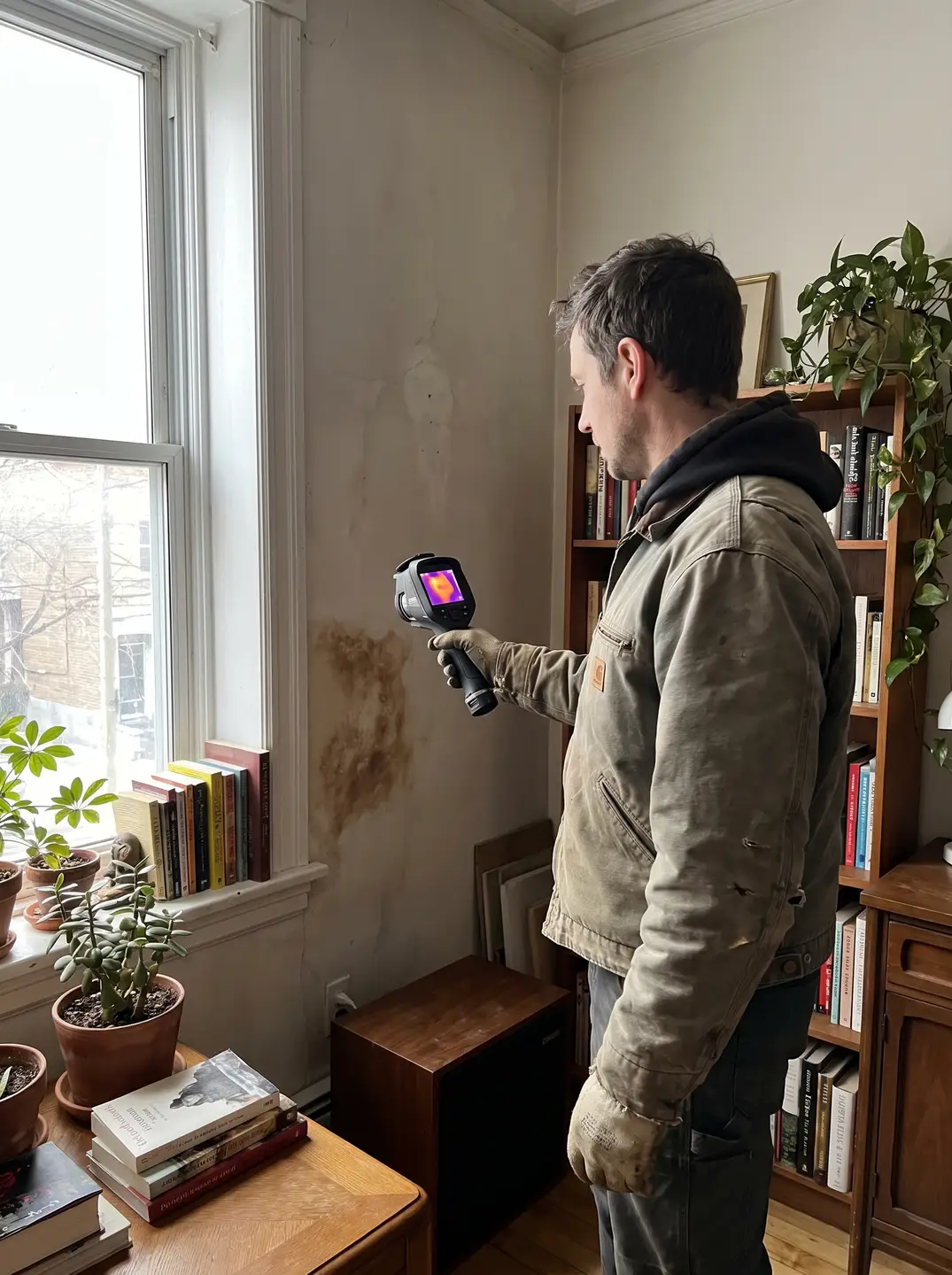Technicien qui localise une infiltration d'eau sous une fenêtre avec une caméra thermique